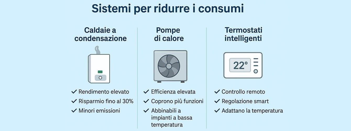 Sistemi per ridurre i consumi energetici: caldaie a condensazione, pompe di calore e termostati intelligenti Sistemi per ridurre i consumi energetici: caldaie a condensazione, pompe di calore e termostati intelligenti